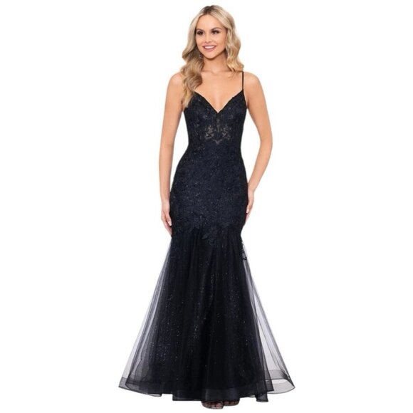 369$ XSCAPE Sleeveless Mermaid Gown Black Glitter Mesh & Lace Dress Size 4